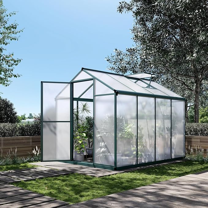 8x6.25FT Greenhouse,Easy Assembly Aluminum Polycarbonate Walk-in Greenhouse with Roof Vent,Large Outdoor Garden Green House,Patio,Backyard,Green