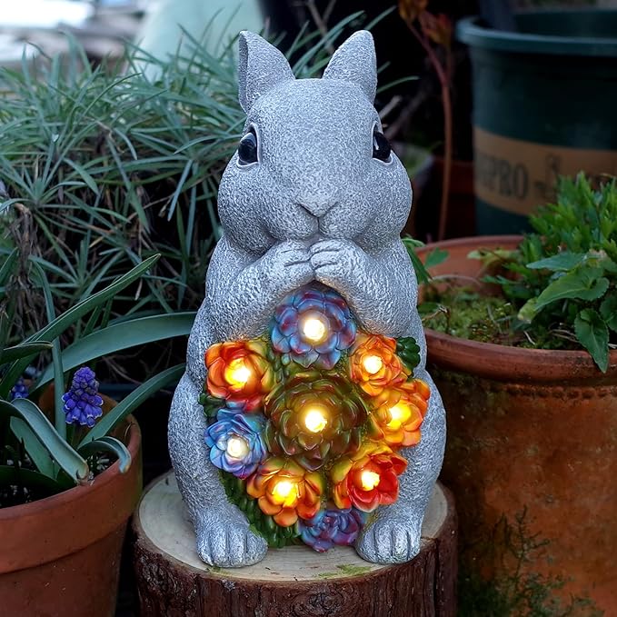 FORUP Easter Solar Garden Outdoor Statues, Bunny Statue with Succulent, Resin Figurine Garden Lawn Ornaments with 8 LED Lights, Rabbit Statue for Easter Outdoor Lawn Yard Garden Decorations