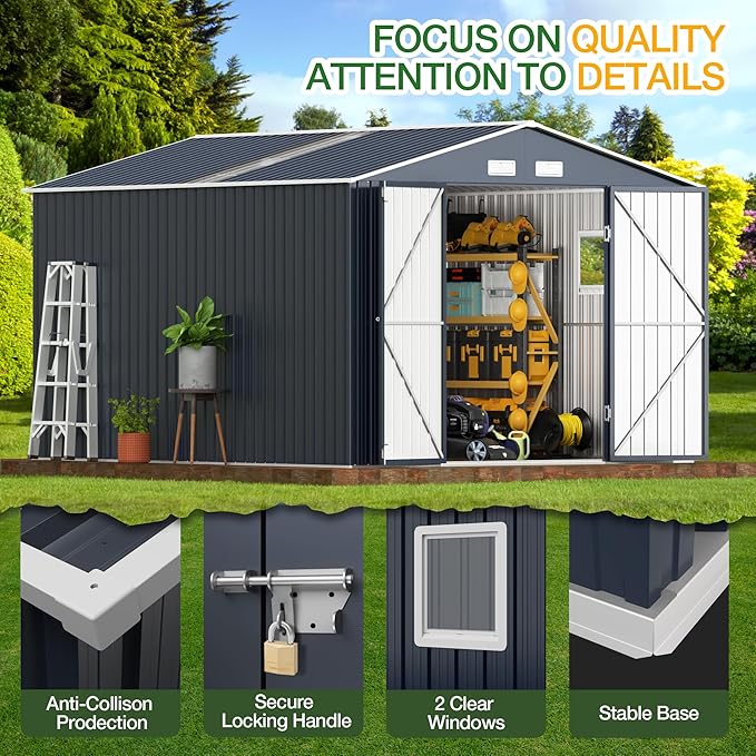 Breezz Outdoor Storage Shed 10 x 12 ft. Utility Tool Shed Metal Storage Garden Shed with Lockable Doors, Windows & Metal Frame Floor for Patio Storage, Nightblue
