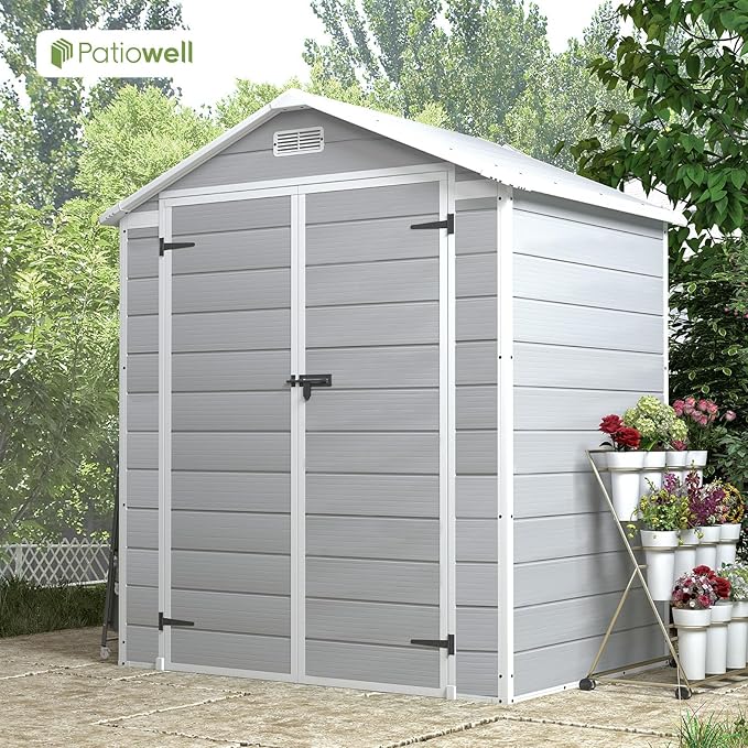 Patiowell 6x4 FT Plastic Outdoor Storage Shed, Resin Outside Shed Perfect to Store Patio Furniture, GardenTools Bike Accessories, Beach Chairs and Lawn Mower, Light Grey