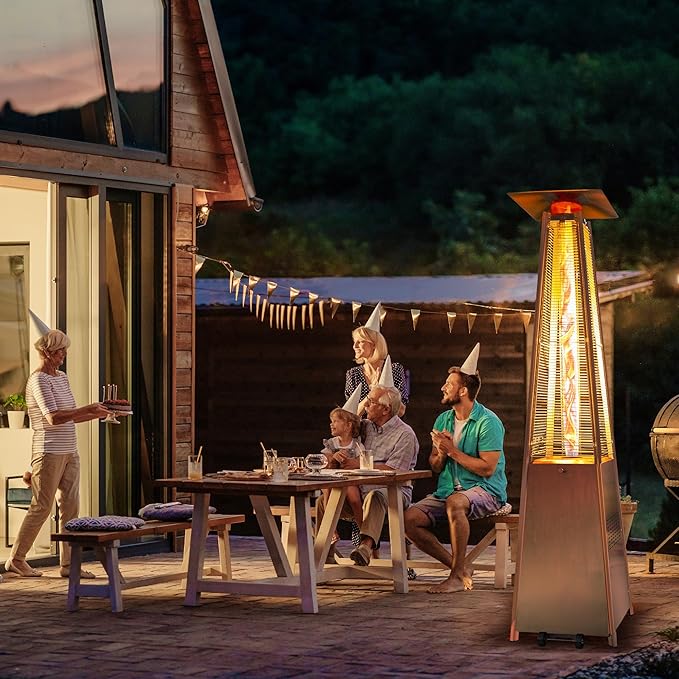 48,000 BTU Flame Pyramid Pool Heater, Stainless Steel Triple Safety Protection Patio Heater with Patio Cover, Warm Glass Tube Portable with Durable Wheels-Stainless Steel Color