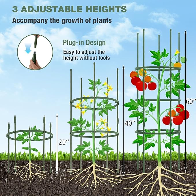 Happygrill 3 Pack Plant Cages and Supports, 60 inch Tall Adjustable Tomato Cage w/Clips & Ties, Heavy-Duty Garden Trellis for Climbing Plants, Vines, Flowers, Vegetables, Potted Plants Indoor Outdoor