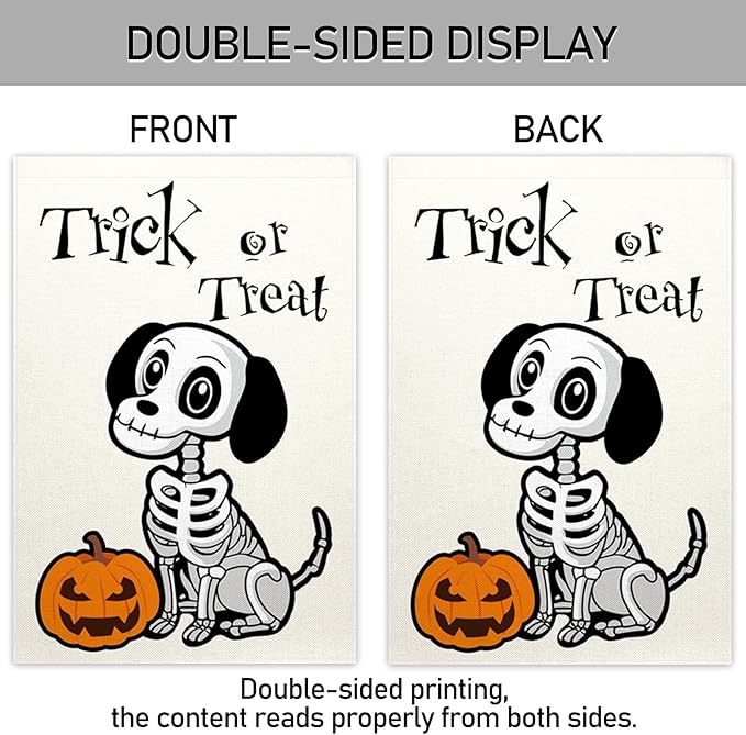 ChloropLastid Halloween Trick or Treat Garden Flag Ghost Dog 12x18 Inch Double Sided Skeleton Pumpkin Welcome Burlap Yard Flag Outside Decorations
