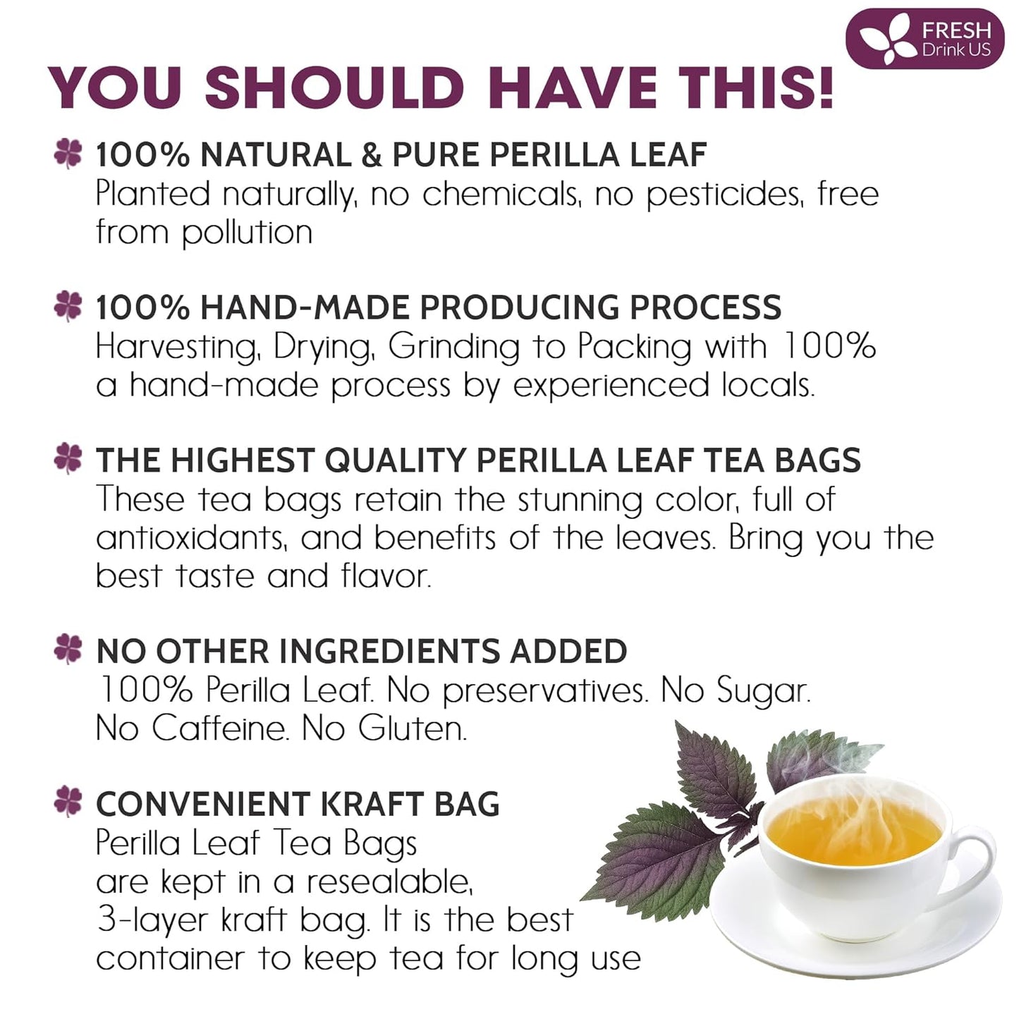 FreshDrinkUS, Premium Perilla Leaf Tea – 75 Tea Bags | 100% Pure Perilla Leaves | Caffeine-Free, Non-GMO, Natural Packaging | Herbal Tea Bags for Daily Enjoyment. Gluten-Free. Sugar-Free. Vegan
