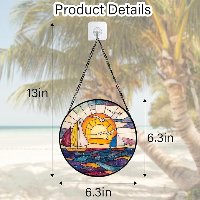 Stained Glass Window Hanging, Sailboat and Waves Suncatcher Diamond Glass Panel Hangings Sun Catchers Decor for Birthday for Women, Men, Wife, Aunt, and Mom 6.3 in