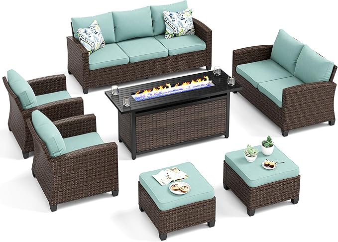 Patio Furniture Set, 7 Pcs Wicker Rattan Outdoor Conversation Set, 2 x Leg Chairs, 1 x 3 Seater Sofa, 1 x 2-Seat Lover Sofa and 2 x Ottomans with 4" Thick Cushion and 56" Fire Pit Table, Blue