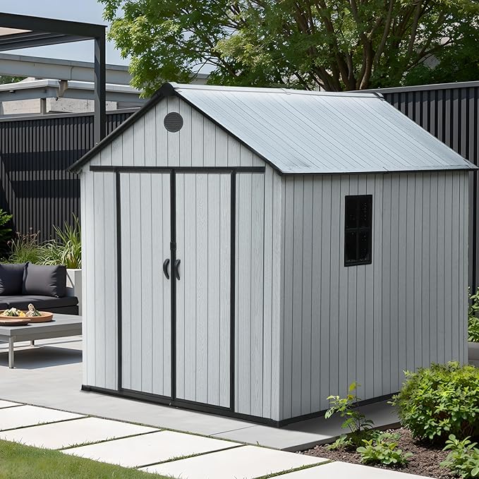 Resin Shed, Outdoor Shed with Floor, Outside Storage Sheds with Lockable Door, Window, Vents for Backyard, Garden, Lawn (7FT x 9FT)