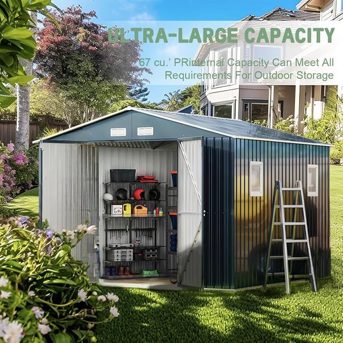 Breezz Outdoor Storage Shed 10 x 10 ft. Utility Tool Shed Metal Storage Garden Shed with Lockable Doors, Windows & Metal Frame Floor for Patio Storage,Nightblue