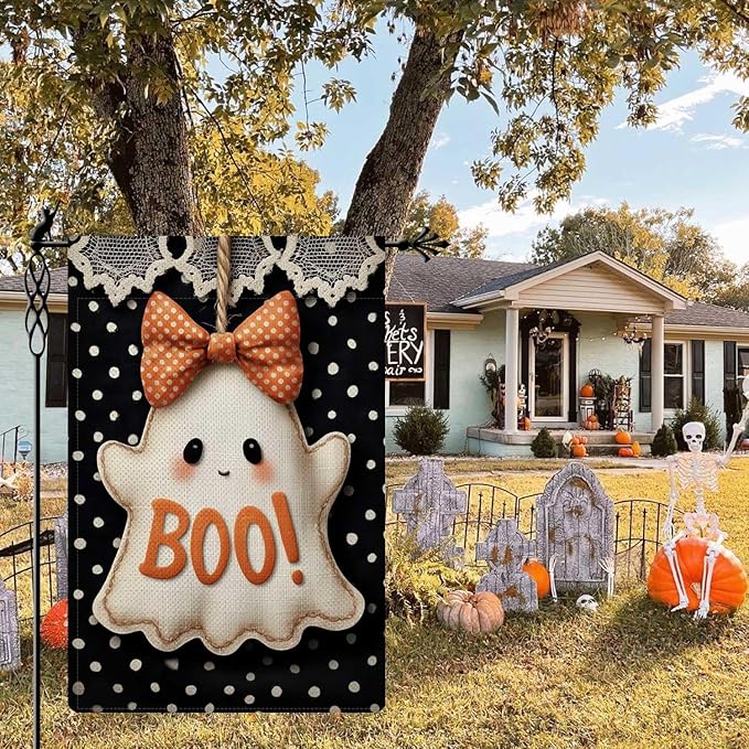 Cute Ghost Garden Flag Halloween Booooo Holiday Garden Flag Vertical Double Sided Rustic Farmland Burlap Yard Lawn Outdoor Decor 12.5x18"