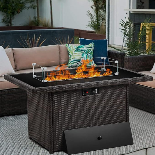 Propane Fire Pit Table,44 Inch 55000 BTU Outdoor Gas Fire Pit Rectangular with Glass Wind Guard for Outside Patio Deck (Brown-Glass Top)