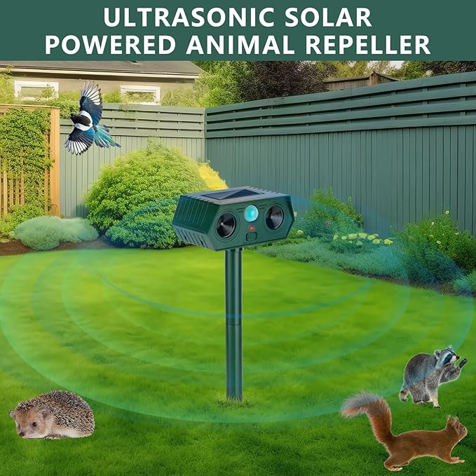 4 Pack 2025 Ultrasonic Animal Repellent Outdoor Cat Repellent Devices Solar Animal Repeller Motion Activated Deterrent to Scare Deer Squirrel Rabbit Raccoon Skunk for Yard Lawn Outdoor
