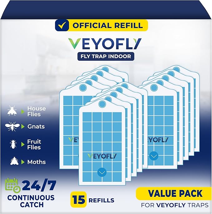VEYOFLY Fruit Fly Traps for Indoors Refill, Gnat Traps for House Indoor, Fly Catcher, Fly Trap, Fly Trap, Plug in Catch for Fruit Flies, Moths, Gnats, Mosquito Trap (Pack of 15 Refills)