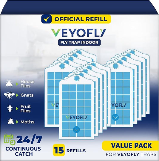 VEYOFLY Fruit Fly Traps for Indoors Refill, Gnat Traps for House Indoor, Fly Catcher, Fly Trap, Fly Trap, Plug in Catch for Fruit Flies, Moths, Gnats, Mosquito Trap (Pack of 15 Refills)