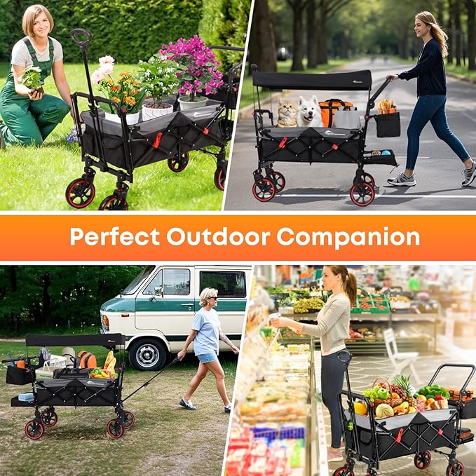 Collapsible Canopy Wagon,Large Capacity Trolley, Foldable Portable cart with Canopy, Adjustable Push/Pull Handle, Shock-Absorbing Wheels, Suitable for Shopping,Traveling-B