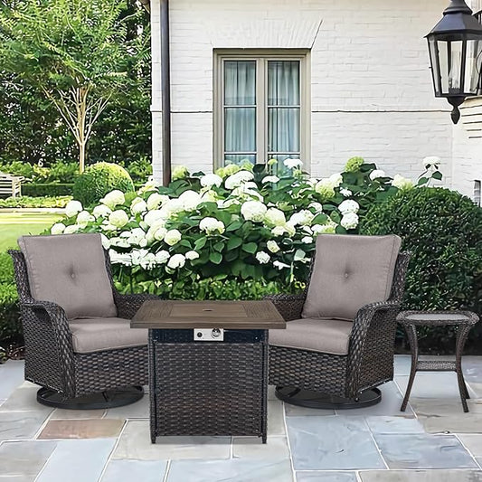 4 Pieces Patio Furniture Set with Fire Pit 50,000 BTU,Outdoor Swivel Rocker Chairs Set of 2 with PE Rattan Side Table,Wicker Outdoor Conversation Set with Rocking Chairs