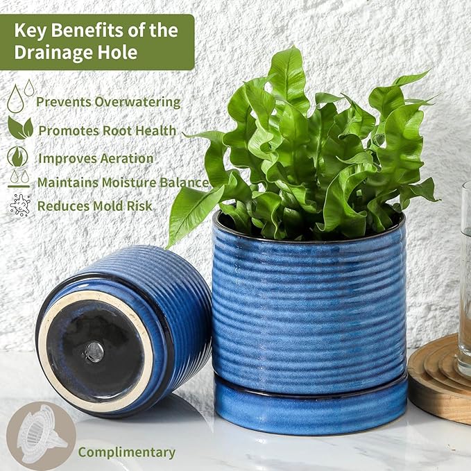 Hasense Small Plant Pots, 4.6 Inch Porcelain Planters with Drainage Holes and Tary, Mini Pots for Flower, Succulents, Cactus, Herbs, Modern Blue Decorative for Home Kitchen Office, Set of 4