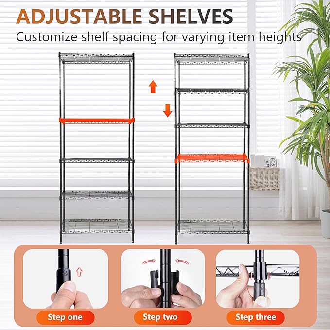 FDW | 5-Tier Wire Storage Shelves | 24"x14"x59" | Black | Adjustable Racks | Heavy-Duty Metal Shelf, Holds Upto 500 lbs | Tool-Free Assembly, Rust-Resistant | for Home & Garage Shelving