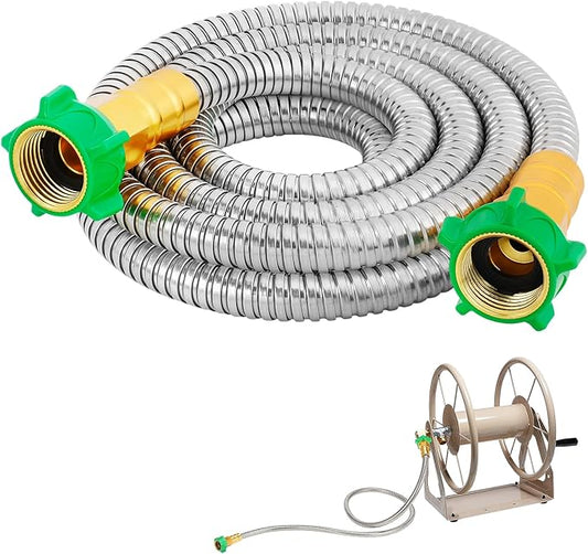Female to Female Leader Hose for Hoses Reel, 10ft Metal Leakproof Short Garden Hose Connector, Heavy Duty 304 Stainless Steel Flexible Water Pipe for Outdoor Garden Watering Car Pet Cleaning