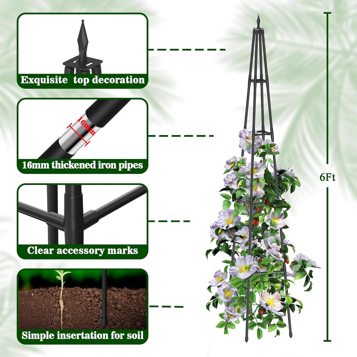 6FT Obelisk Trellis for Climbing Plants Outdoor, 16mm Rust-Proof Extra Thickened Plastic-Coated Metal Pipes, Indoor Climbing Support for Potted Plants, Vines, Flowers Stands,Black