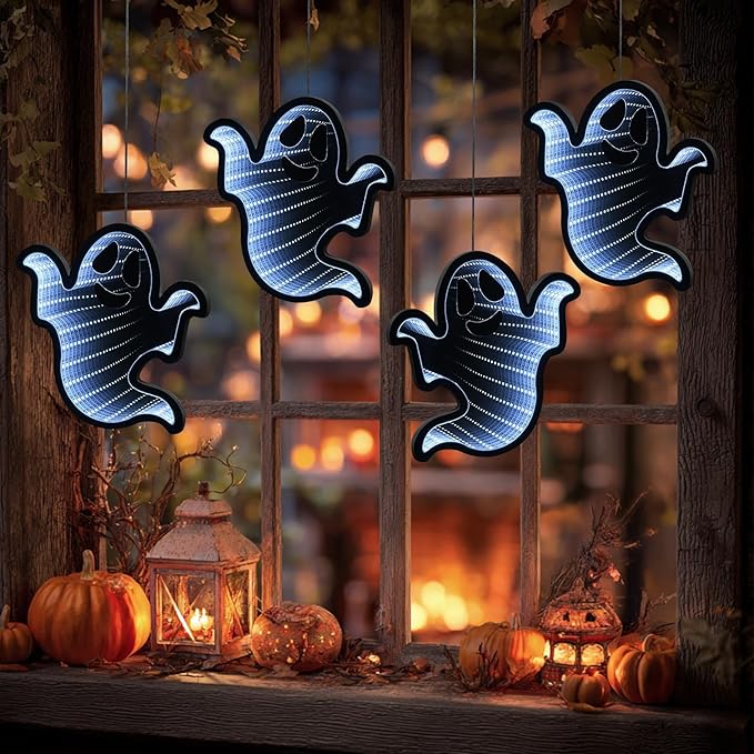 Halloween Décor 4 Ghosts Infinity Lights with USB Powered, 10.42FT 3D Infinity Mirror String Lights, Halloween Indoor Decorations for Window Outdoor Wall Party Room