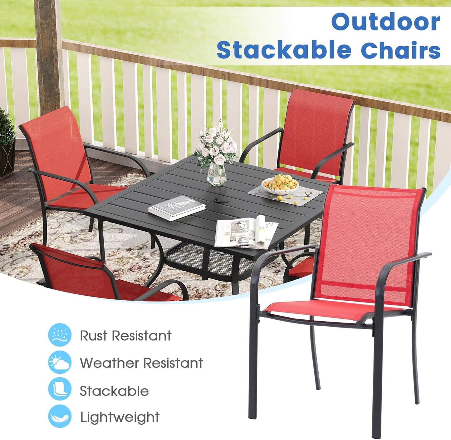 VICLLAX 11 Pieces Patio Dining Set for 10, Outdoor Furniture Set Includes 60" Round Outdoor Table and 10 Lawn Stackable Chairs, Black Tabletop and Red Fabric