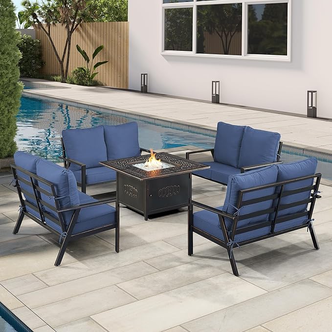 Oakland Living Black Aluminum Patio Fire Table Set with Four Deep Seating Loveseats with Cushions with Blue Cushions