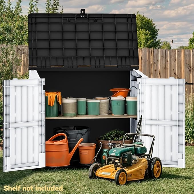 DWVO 36 cu ft Tool Storage Shed, Storage for Bakcyard, Patio, and Garden, Resin Plastic Shed with Sloped Lid, Lockable Door, and Wood Grain Finish, Light Gray