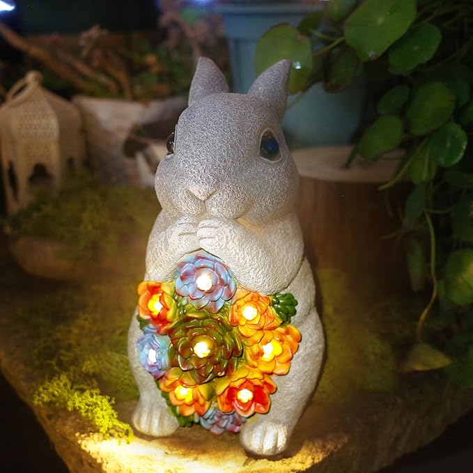 FORUP Easter Solar Garden Outdoor Statues, Bunny Statue with Succulent, Resin Figurine Garden Lawn Ornaments with 8 LED Lights, Rabbit Statue for Easter Outdoor Lawn Yard Garden Decorations
