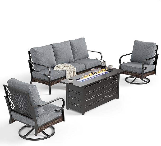 4 Piece Black Metal Outdoor Patio Furniture Sets with Firepit Table, Patio Conversation Sets 1 3-Seater Sofa, 2 Swivel Sofa with 5.75" Thick Cushion Backyard Furniture for Deck, Gray