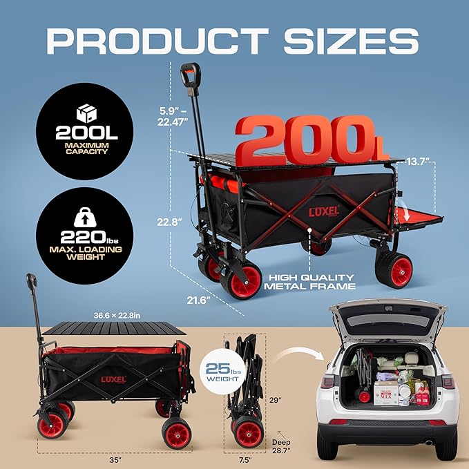 Electric Foldable Collapsible Wagon Cart Power 100W - Heavy Duty Wagons with All Terrain Wheels - with Folding Table - Beach Canvas Utility Carts, Portable for Outdoor Camping Shopping Fishing Sports