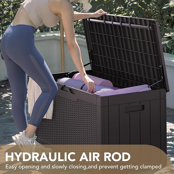 Devoko 100 Gallon Waterproof Large Resin Deck Box Indoor Outdoor Lockable Storage Container for Patio Furniture Cushions Garden Tools (100 Gallon, Dark Brown)