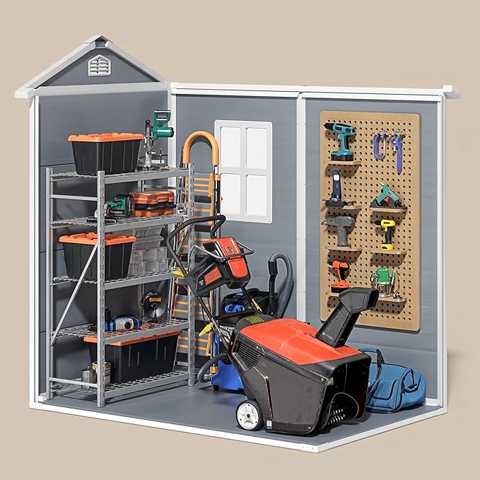 Gizoon 6x4 FT Outdoor Storage Shed with Floor, Resin Garden Tool Shed with Lockable Doors, Window, Vents, Reinforced Steel Frame, Waterproof Plastic Storage Sheds for Backyard, Patio, Lawn