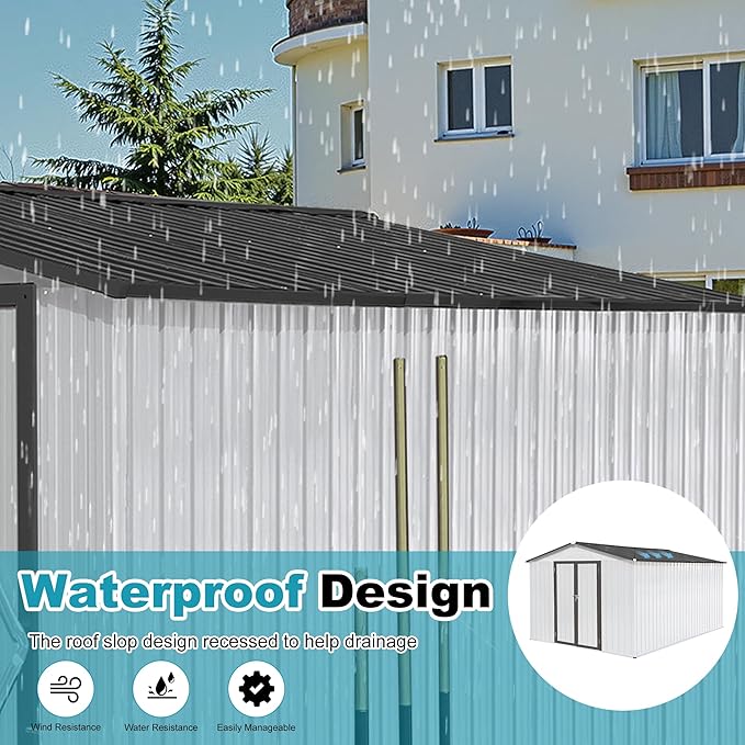 10x12 FT Outdoor Storage Shed, Metal Tool Shed with Lockable Doors & Peaked Roof, Garden Shed with Vented Design for Backyard Garden Patio Lawn, White+Gray