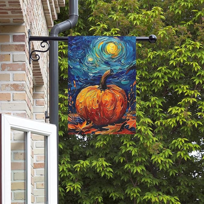 Fall Garden Flag Pumpkin Maple Leaf Yard Flags Van Gogh Wall Banners Art Starry Night Sky Moon Garden Flags Autumn Harvest Thanksgiving House Banner for Patio Farmhouse Outdoor 28 x 40 Inch