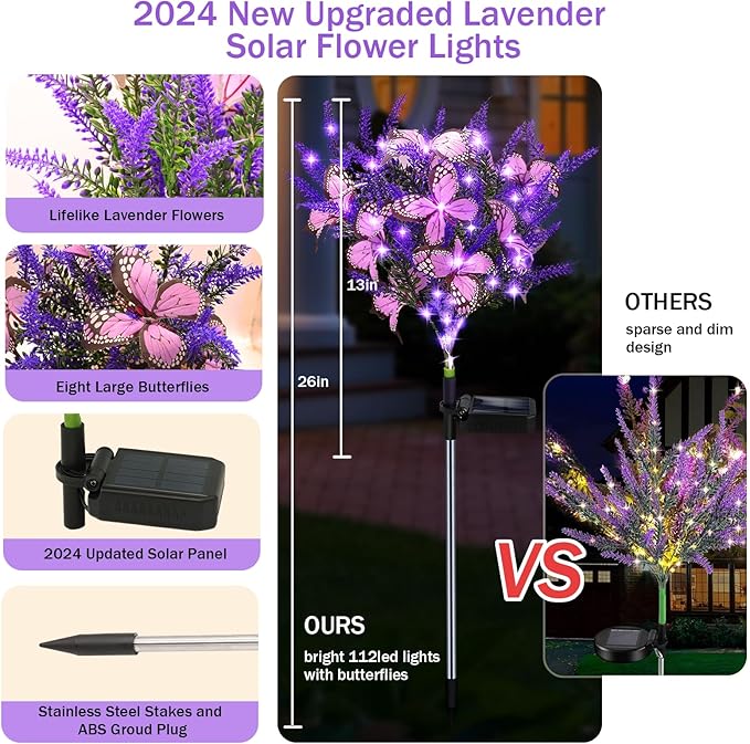 Solar Garden Lights Outdoor, 2 Pack Purple Lavender Solar Butterfly Lights Gardening Gifts for Women,Artificial Flowers Light Purple Halloween Garden Decor for Patio Yard Lawn Christmas