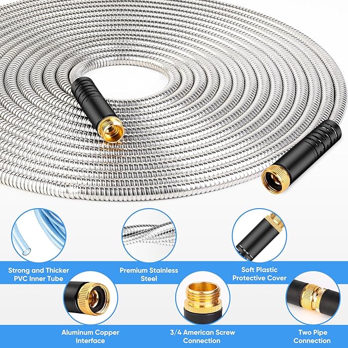 Garden Hose 50 FT, Metal Stainless Steel Water Hose with 10 Function Nozzles, No Kinks, Flexible Hose, Lightweight, Puncture Proof, Heavy Duty Hose for Yard and Outdoor