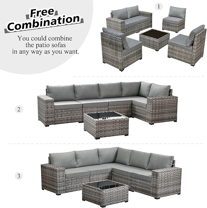 HOOOWOOO Modular Patio Outdoor Sectional Furniture Set,6 Piece Wicker Conversation Sofa Set,Out Door Couch Set with Wide Arm for Outside All Weather(Dark Grey)