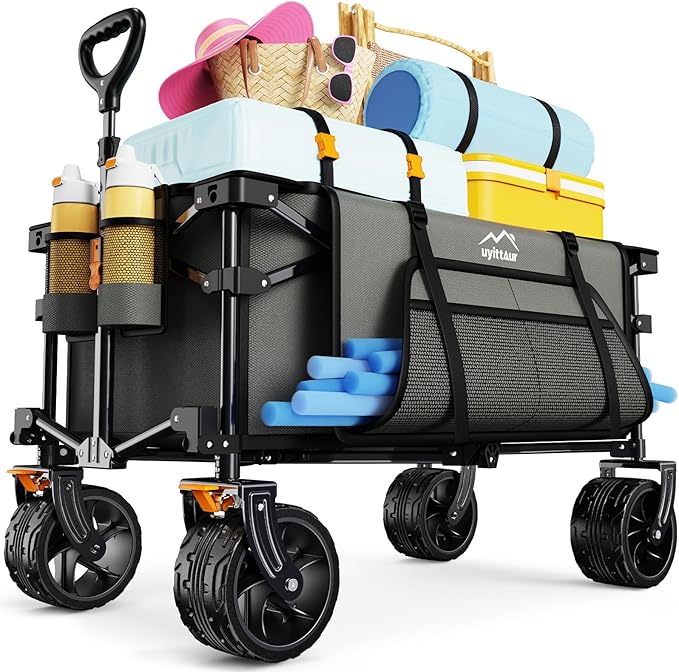 Collapsible Wagon Cart Heavy Duty Foldable, Folding Beach Wagon with Big Wheels for Sand, Utility Grocery Cart with Side Pocket and Brakes for Camping Sports Outdoor Activities, Grey