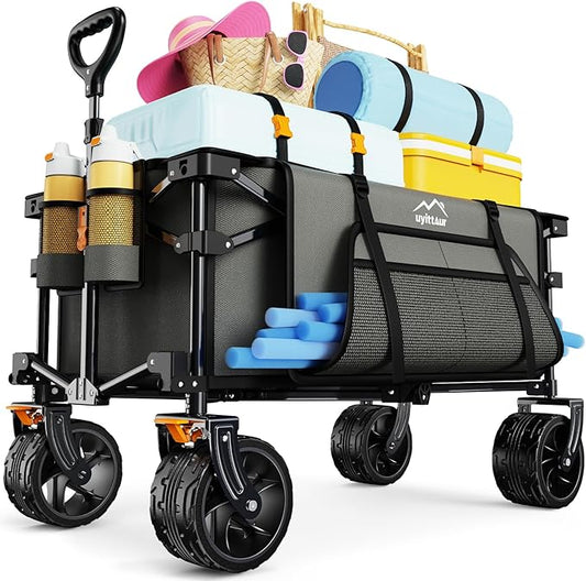 Collapsible Wagon Cart Heavy Duty Foldable, Folding Beach Wagon with Big Wheels for Sand, Utility Grocery Cart with Side Pocket and Brakes for Camping Sports Outdoor Activities, Grey