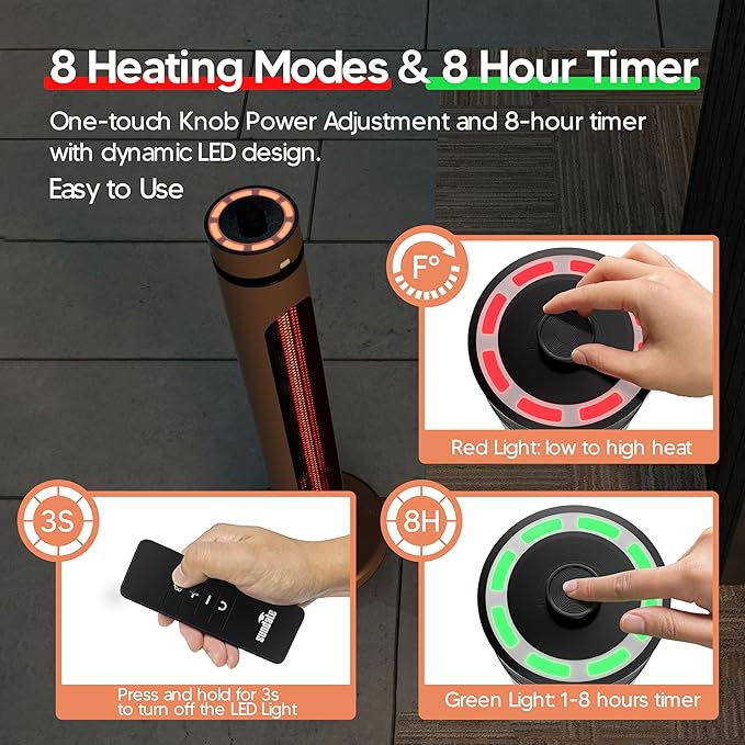 Portable Heater Outdoor Infrared 1500W 8 Heat Levels 8H Timers Carbon Fiber Tube Tip-Over&Overheat Protection IP65 Waterproof Electric Garden Heater, Deep Brown