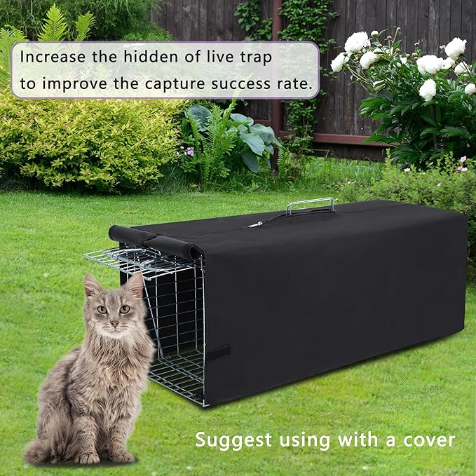 Live Animal Trap Cage with Cover and Gloves, Heavy Duty Folding Animal Traps Cage for Stray Cats, Humane Cat Trap for Raccoon, Squirrel, Skunk, Catch and Release - (32 x 10 x 12 inches)