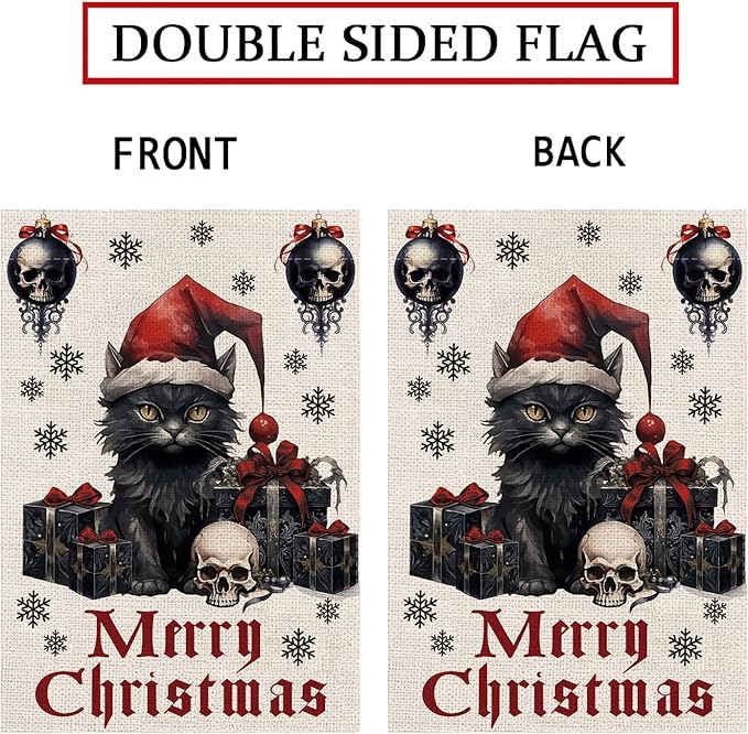 Gothic Christmas Garden Flag Black Cat Goth Halloween Christmas Decor Winter Vertical Burlap Double Sided Yard Welcome Flag Seasonal Xmas Decorations for Festival Holiday Winter Decorations Gifts 12.5*18 Inch