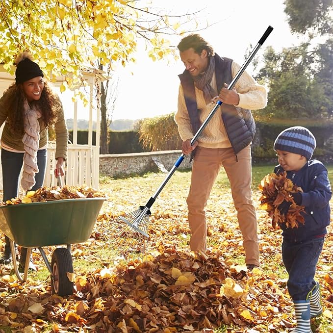 SAN LIKE 68" Metal Rake With Adjustable Handle for Leaves, Thatch, and Lawns - Heavy Duty Leaf Collector for Garden and Yard