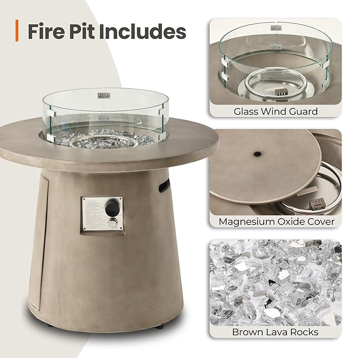 HOMPUS Outdoor Propane Fire Pit, 31-inch Round Gray Propane Fire Pit with 10lbs Aqua Transparent Gray Fire Glass, 40000 BTU Gas Smokeless Fire Pit, Patio Concrete Fire Pit with Lava Rocks & Rain Cover