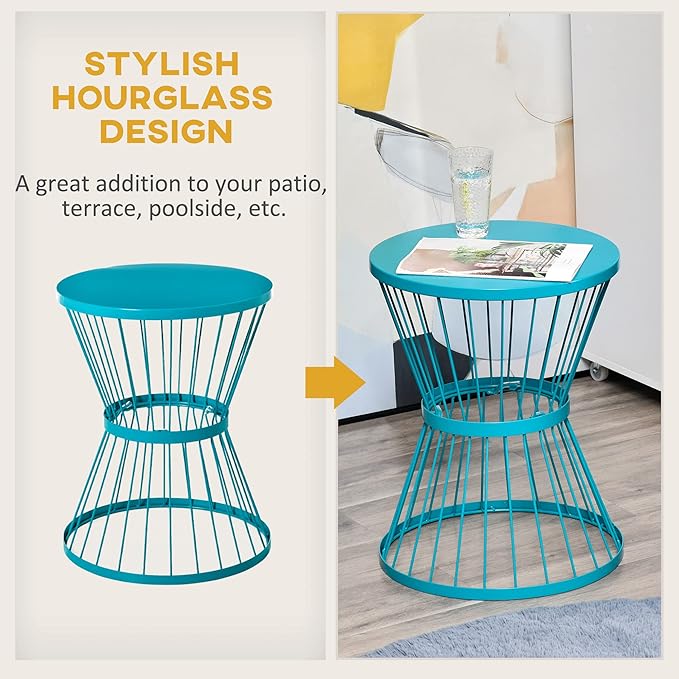 Outsunny 16" Steel Patio Side Table, Garden End Table with Hourglass Design, Accent Table for Outdoor and Indoor Use, Blue