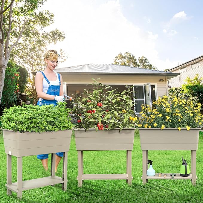 Aoodor 30" x 14" x 29" Raised Planter Box with Legs, Storage Shelf, Drainage Plug, and Water Level Indicator, for Vegetables, Flowers, Herbs, Outdoor Use, Set of 3, Khaki