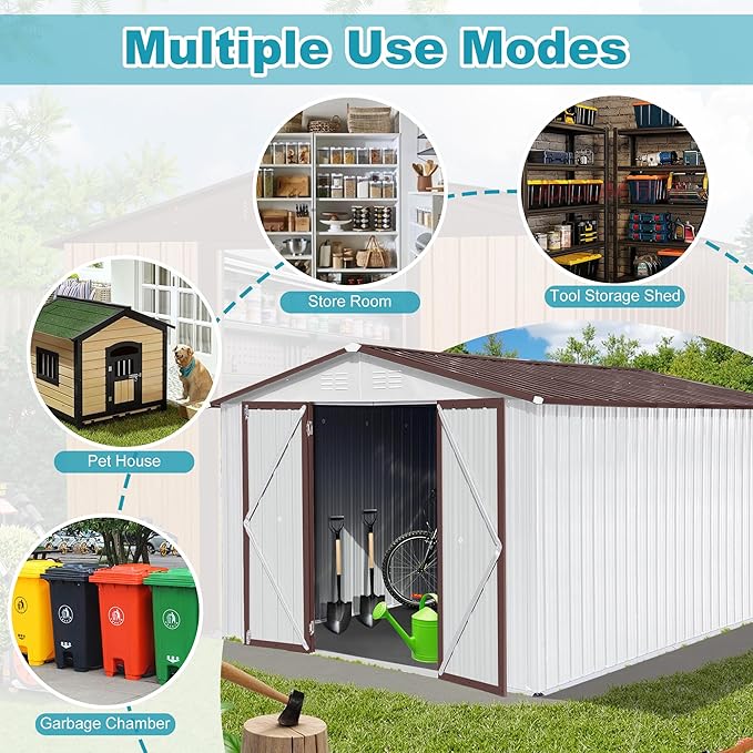 Sheds & Outdoor Storage 12 ft × 10 ft Storage Shed Large Classic Apex Roof Metal Garden Storage Sheds with Hinged Door Tool Cabinet for Backyard, Patio, Poolside, White + Coffee