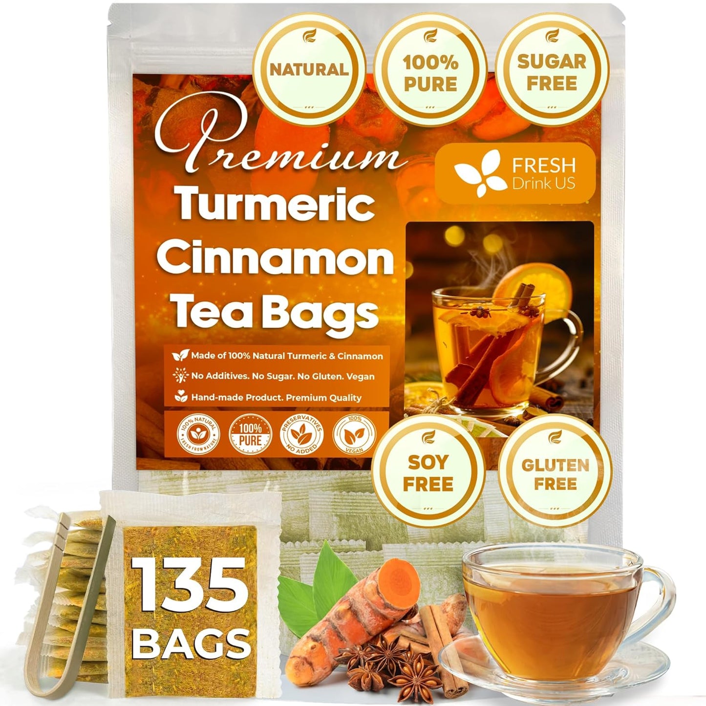 FreshDrinkUS, Premium 135 Turmeric Cinnamon Tea Bags, 100% Natural, Blend of Turmeric, and Cinnamon. Made with Natural Material Tea Bags. No Sugar. No Caffeine. Vegan.