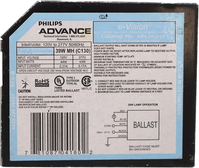 Advance IMH-39-G-LF Electronic MH Metal Halide Ballast, 1-Lamp, C130 39W, 120/277V