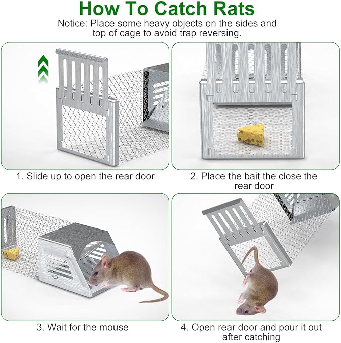 2 Pack Humane Rat Trap, Single Door Metal Automatic Continuous Mouse Cage Traps and Other Small Live Animals Cage, Easy to Catch and Release, Work for Indoor Outdoor